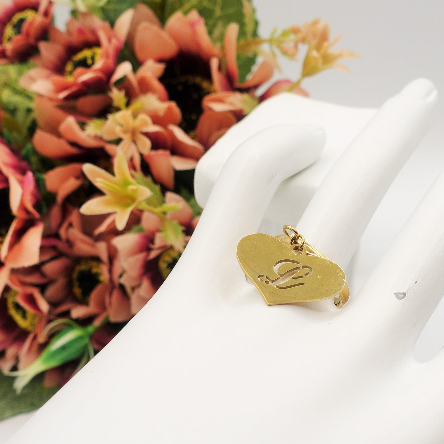 BIG HEART anello iniziali ~ Anello regolabile in ACCIAIO Inossidabile con ciondolo cuore
