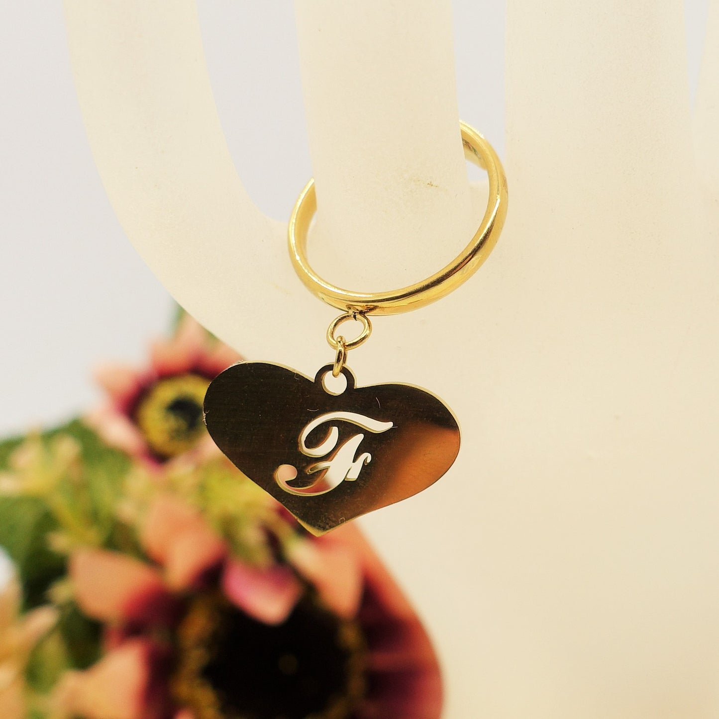 BIG HEART anello iniziali ~ Anello regolabile in ACCIAIO Inossidabile con ciondolo cuore