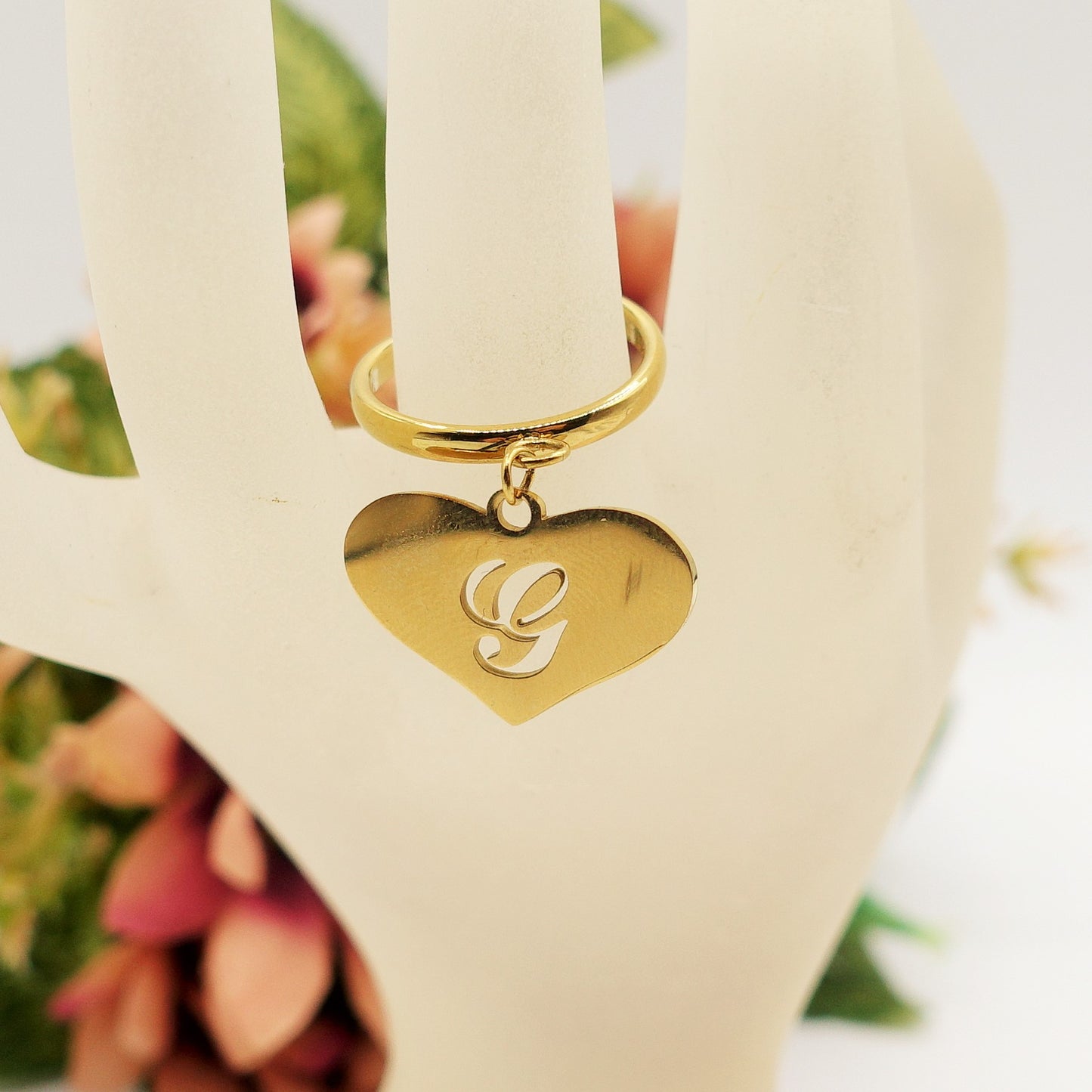 BIG HEART anello iniziali ~ Anello regolabile in ACCIAIO Inossidabile con ciondolo cuore