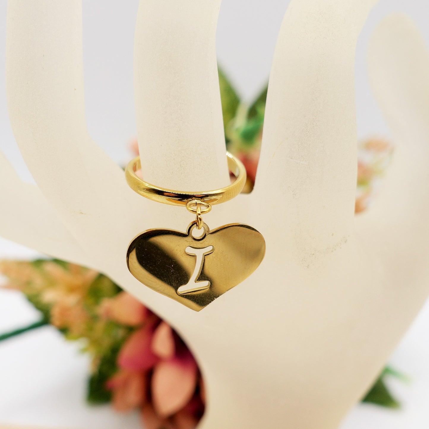 BIG HEART anello iniziali ~ Anello regolabile in ACCIAIO Inossidabile con ciondolo cuore