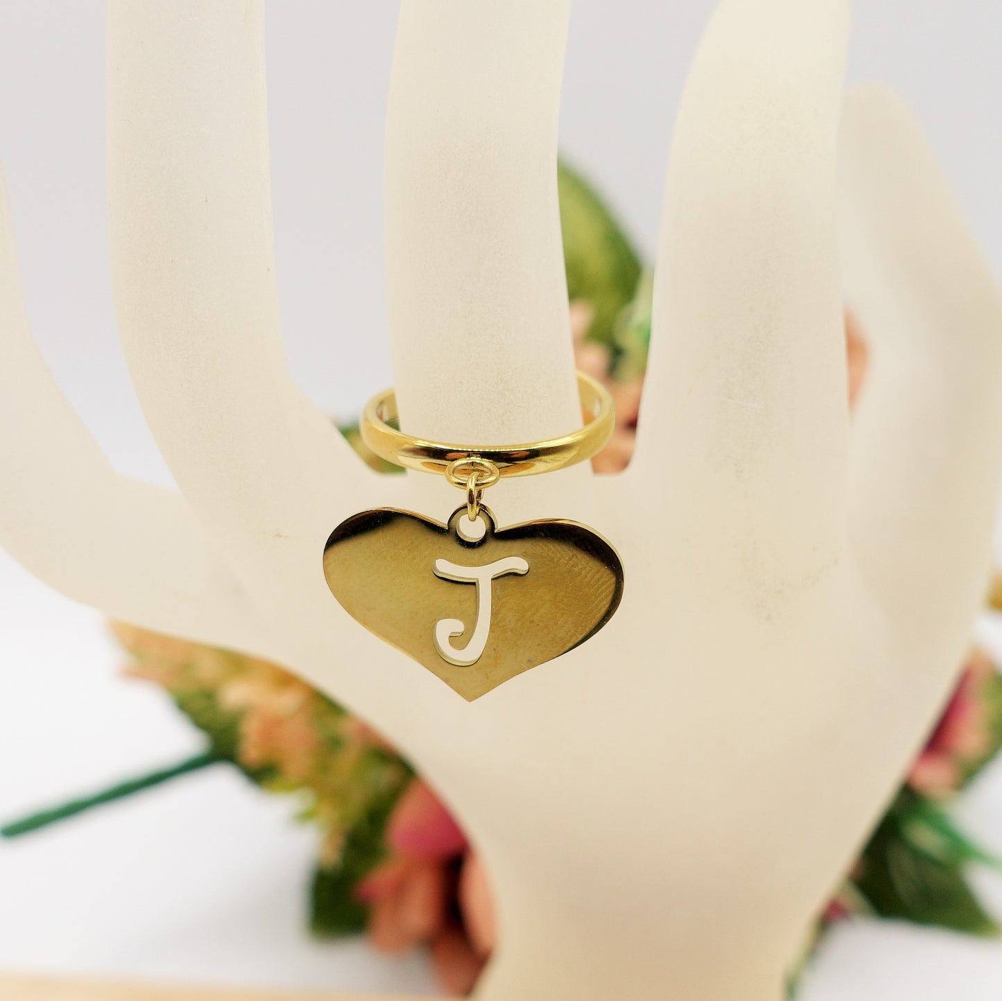 BIG HEART anello iniziali ~ Anello regolabile in ACCIAIO Inossidabile con ciondolo cuore