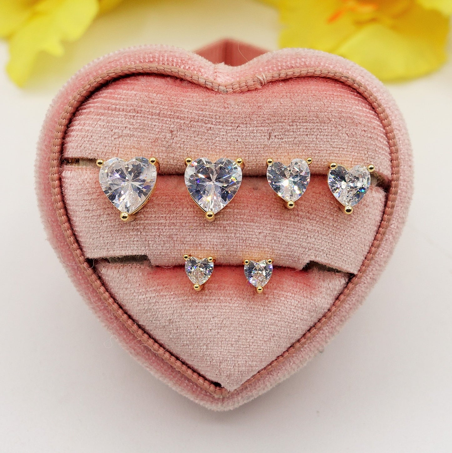 Set 3 Paia-Orecchini punto luce a forma di cuore in Cubic Zirconia-