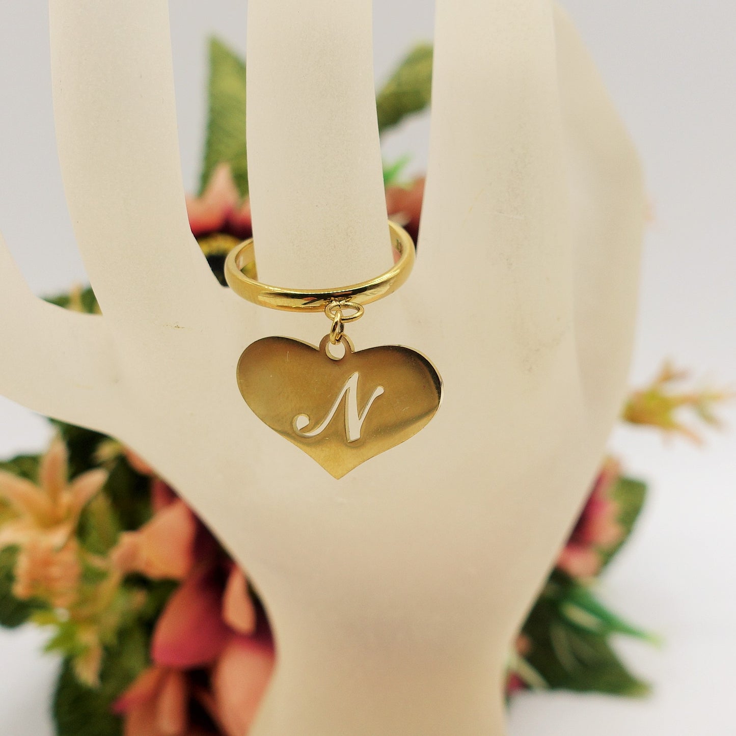 BIG HEART anello iniziali ~ Anello regolabile in ACCIAIO Inossidabile con ciondolo cuore