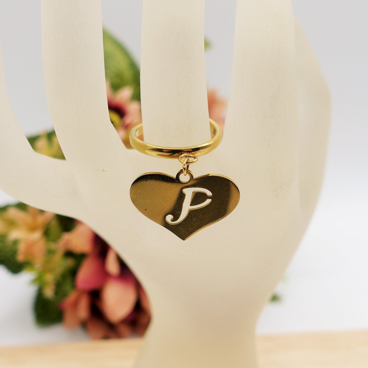 BIG HEART anello iniziali ~ Anello regolabile in ACCIAIO Inossidabile con ciondolo cuore