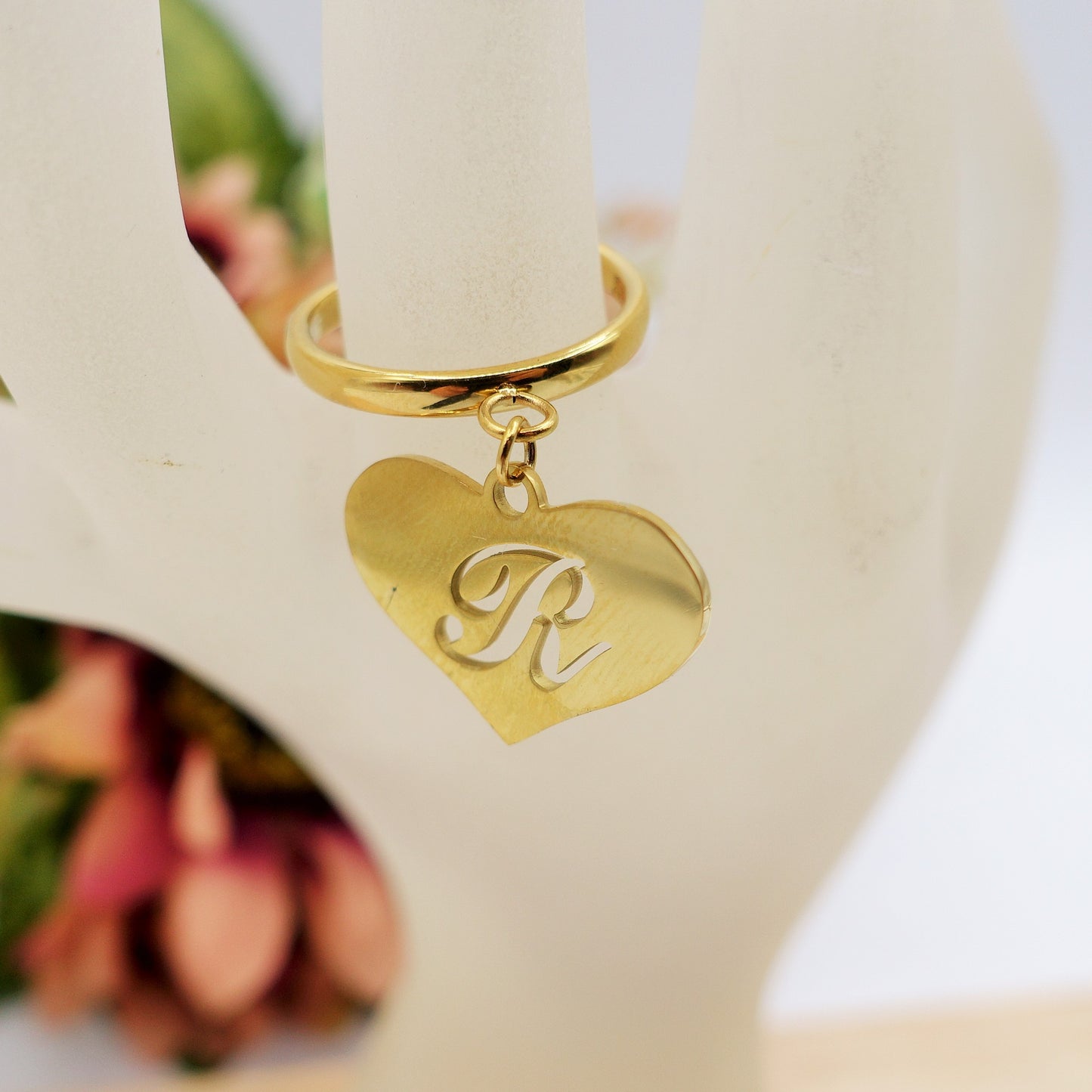 BIG HEART anello iniziali ~ Anello regolabile in ACCIAIO Inossidabile con ciondolo cuore