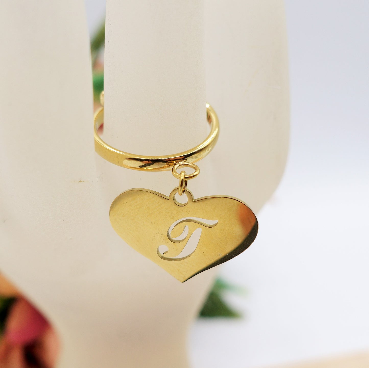 BIG HEART anello iniziali ~ Anello regolabile in ACCIAIO Inossidabile con ciondolo cuore