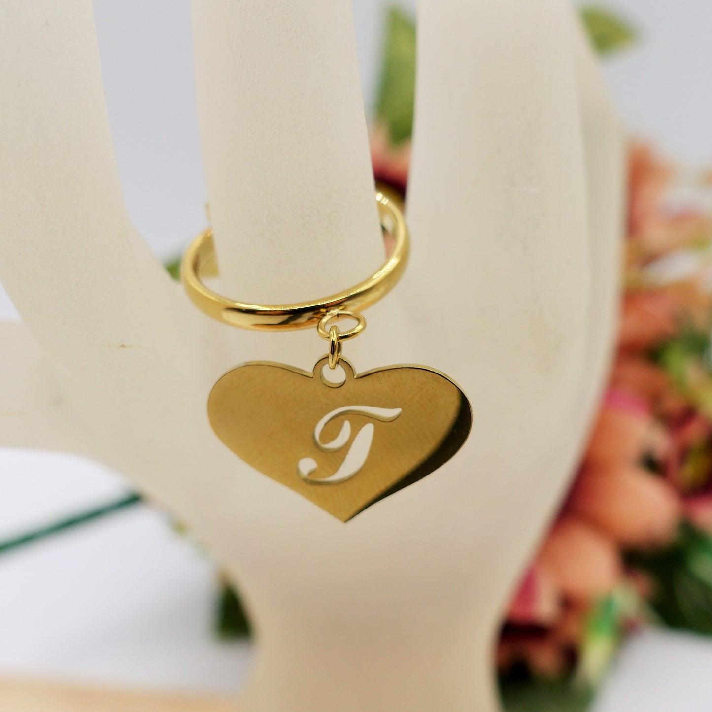 BIG HEART anello iniziali ~ Anello regolabile in ACCIAIO Inossidabile con ciondolo cuore