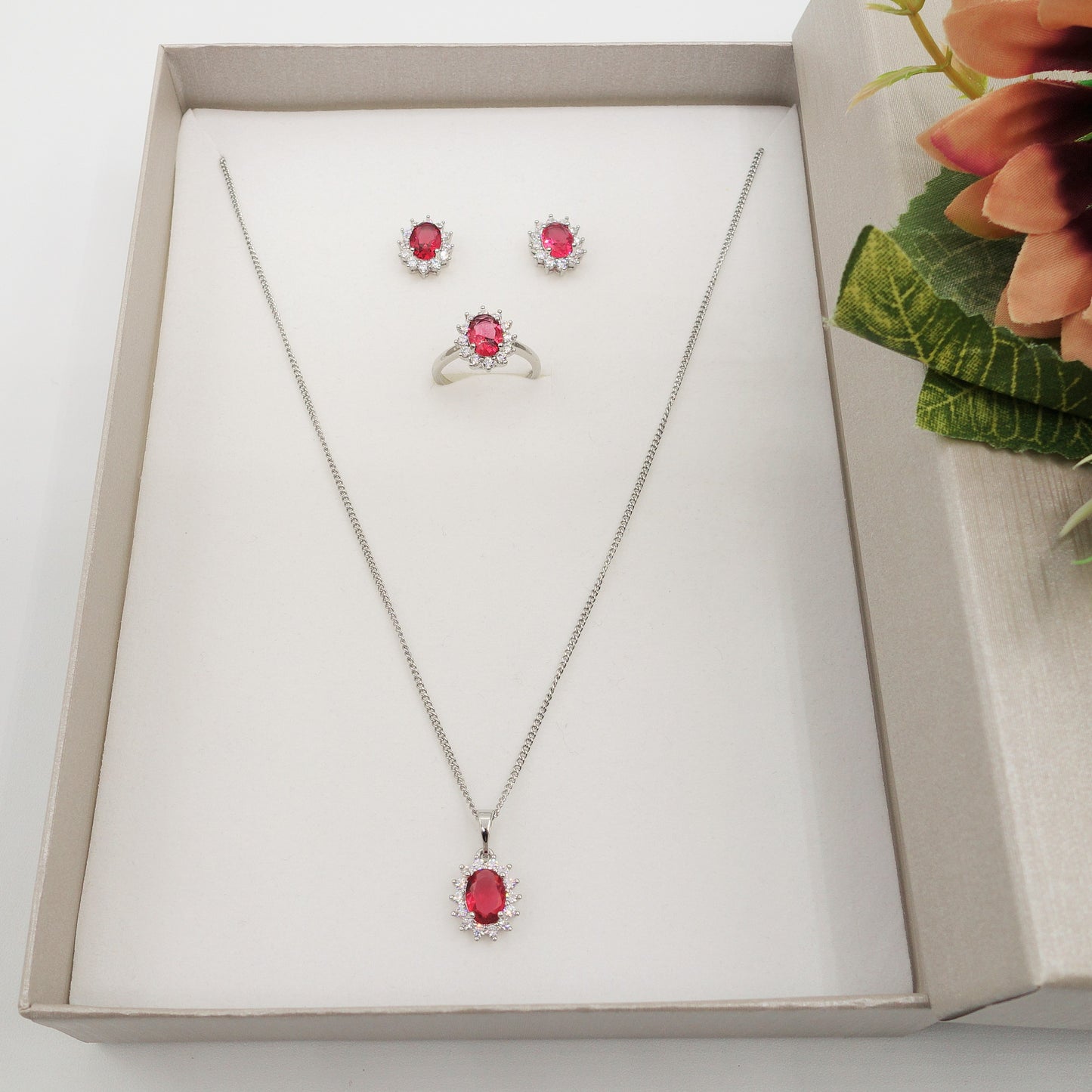 KATE -" RED Set" ACCIAIO - collana zirconi +orecchini + anello zirconia