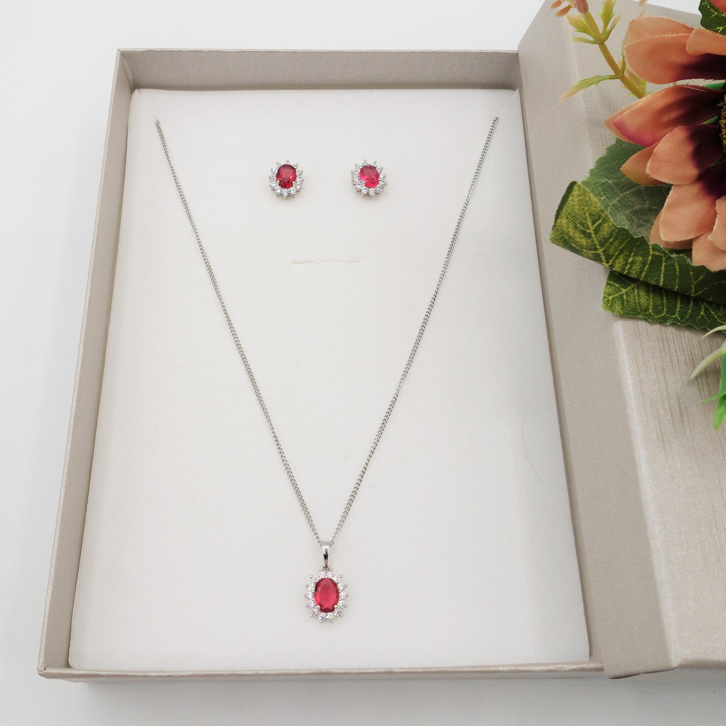 KATE -" RED Set" ACCIAIO - collana zirconi +orecchini + anello zirconia