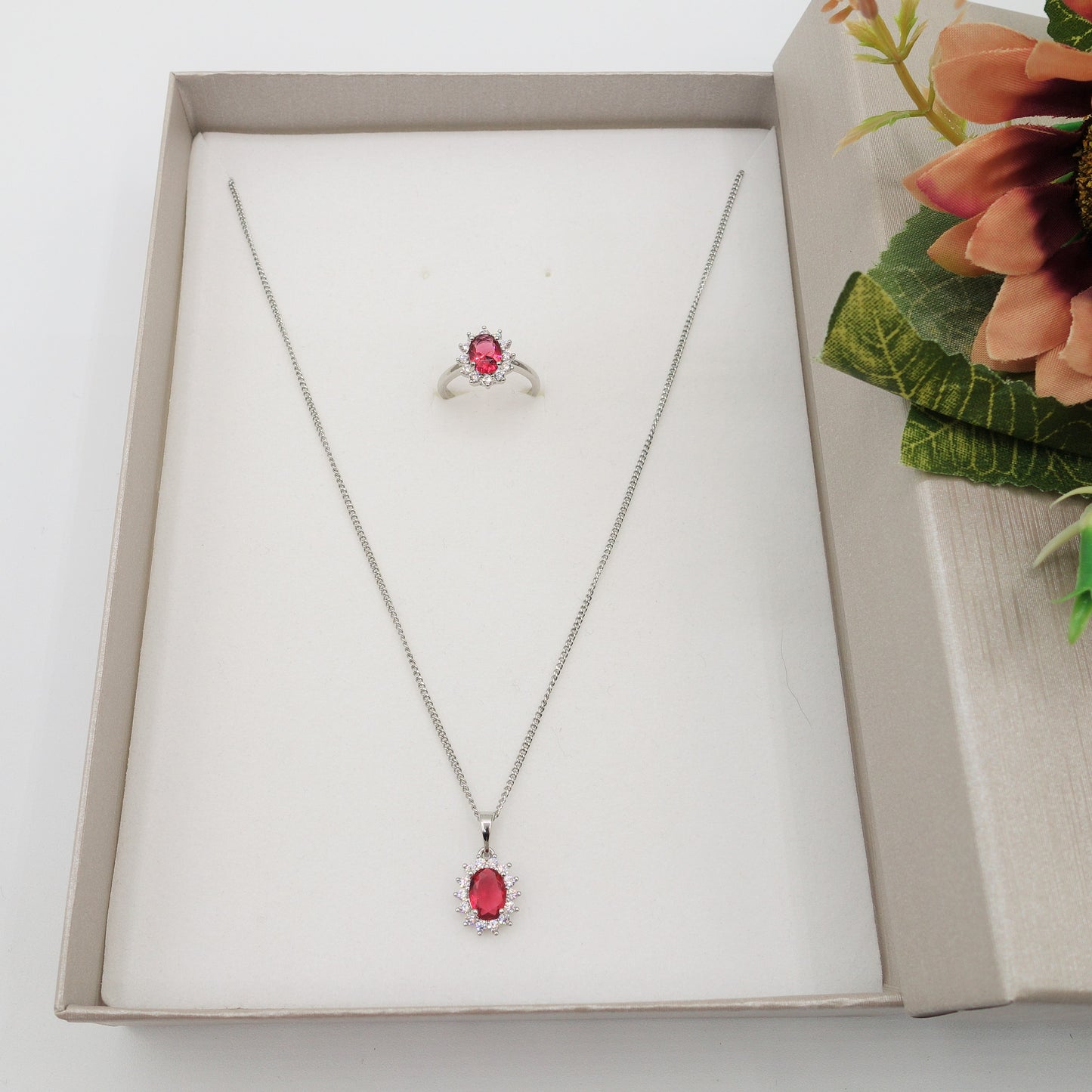 KATE -" RED Set" ACCIAIO - collana zirconi +orecchini + anello zirconia