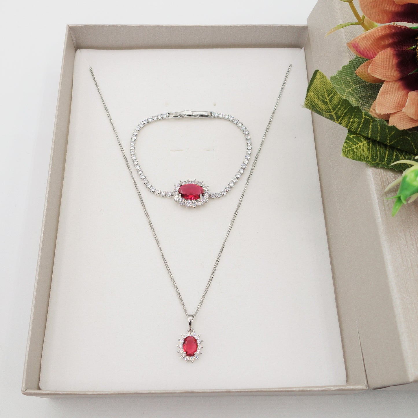 KATE -" RED Set" ACCIAIO - collana zirconi +orecchini + anello zirconia