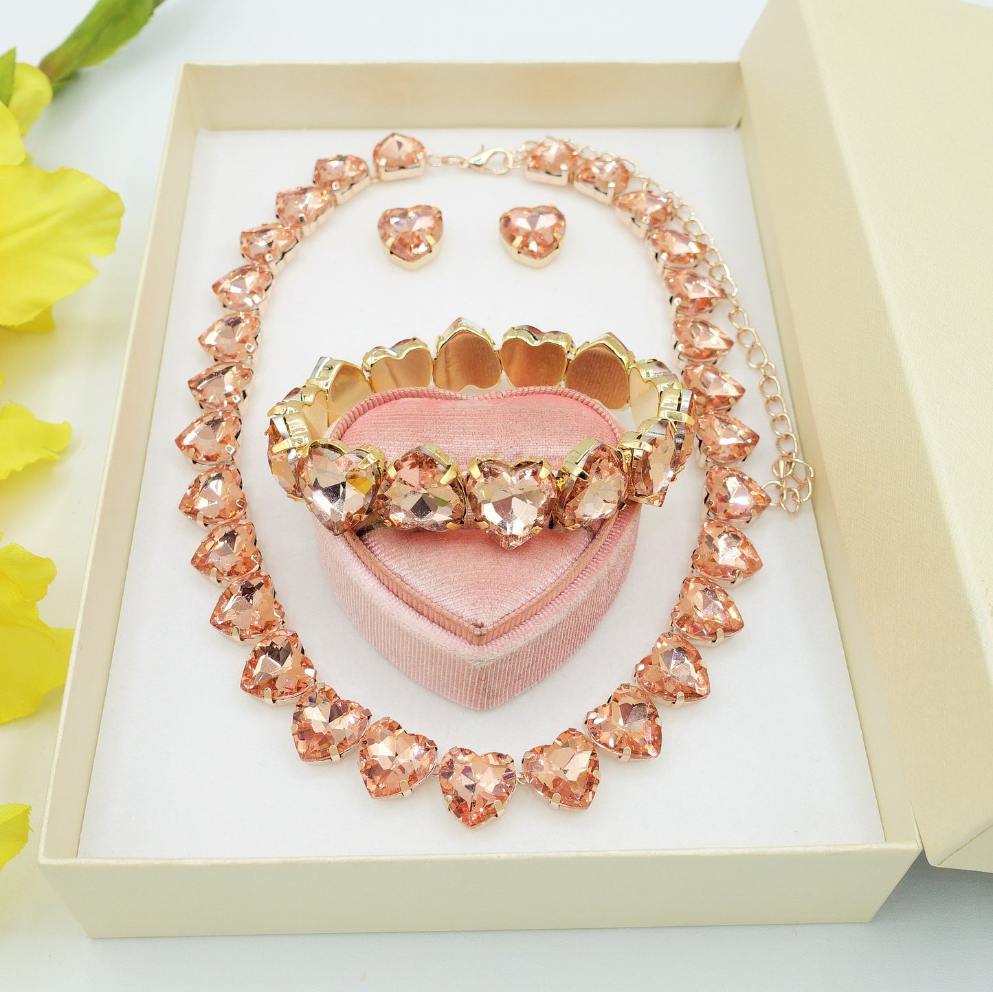 LUCE HEARTS Rose Gold SET -Collier orecchini e bracciale con pietre sfaccettate