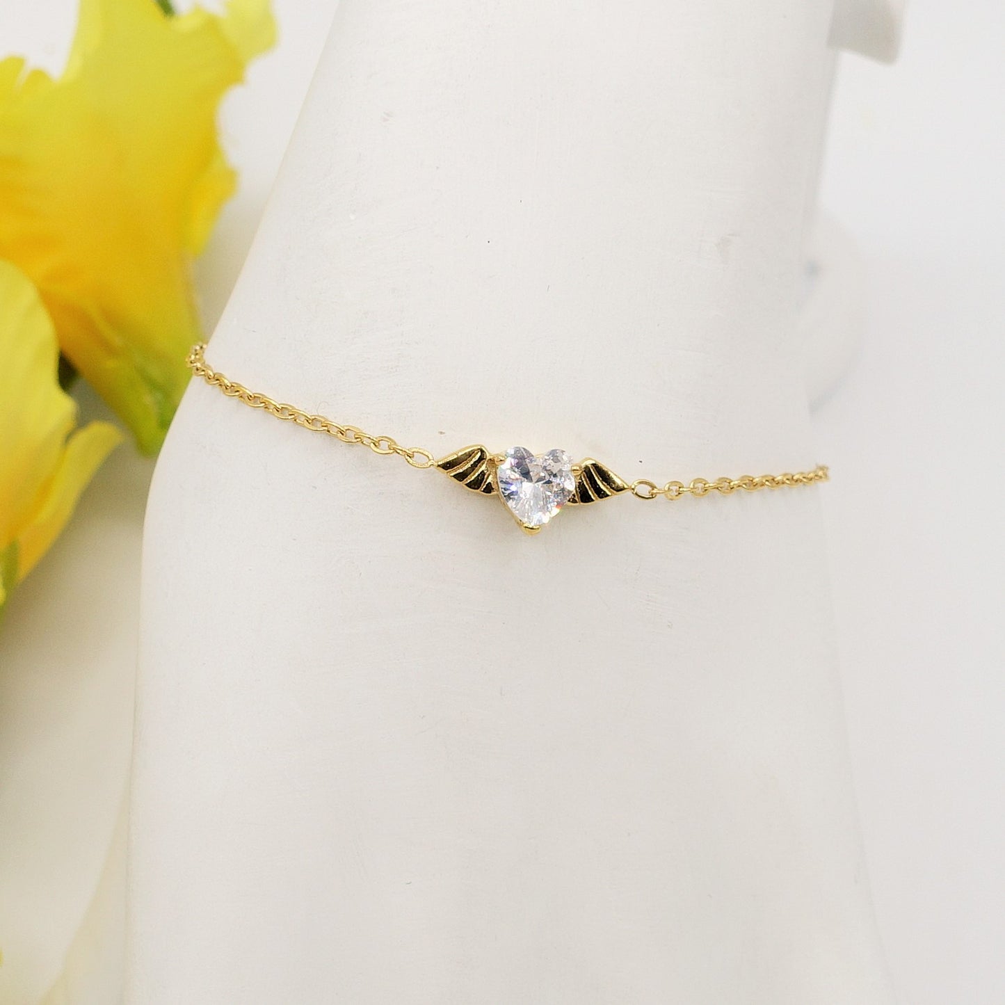 ANGEL Bracciale - ACCIAIO INOSSIDABILE- Bracciale con CUORE con ali in cubic zirconia