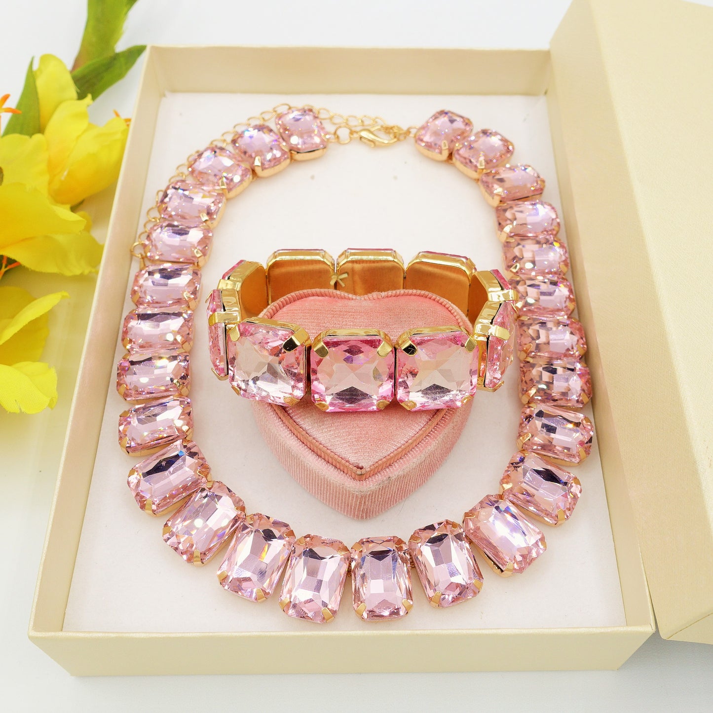 MARGOT SET - PINK SET - Collier orecchini e bracciale con pietre sfaccettate