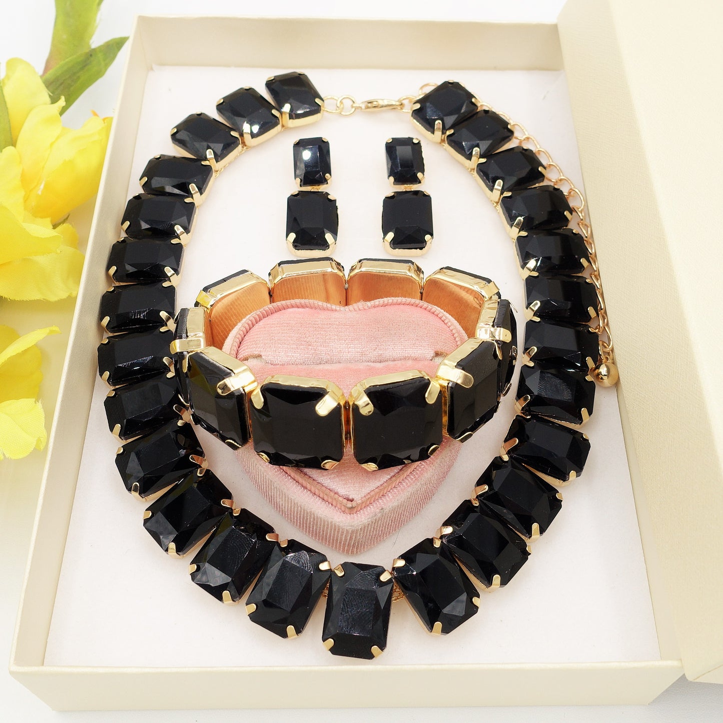MARGOT BLACK SET - Collier orecchini e bracciale con pietre sfaccettate