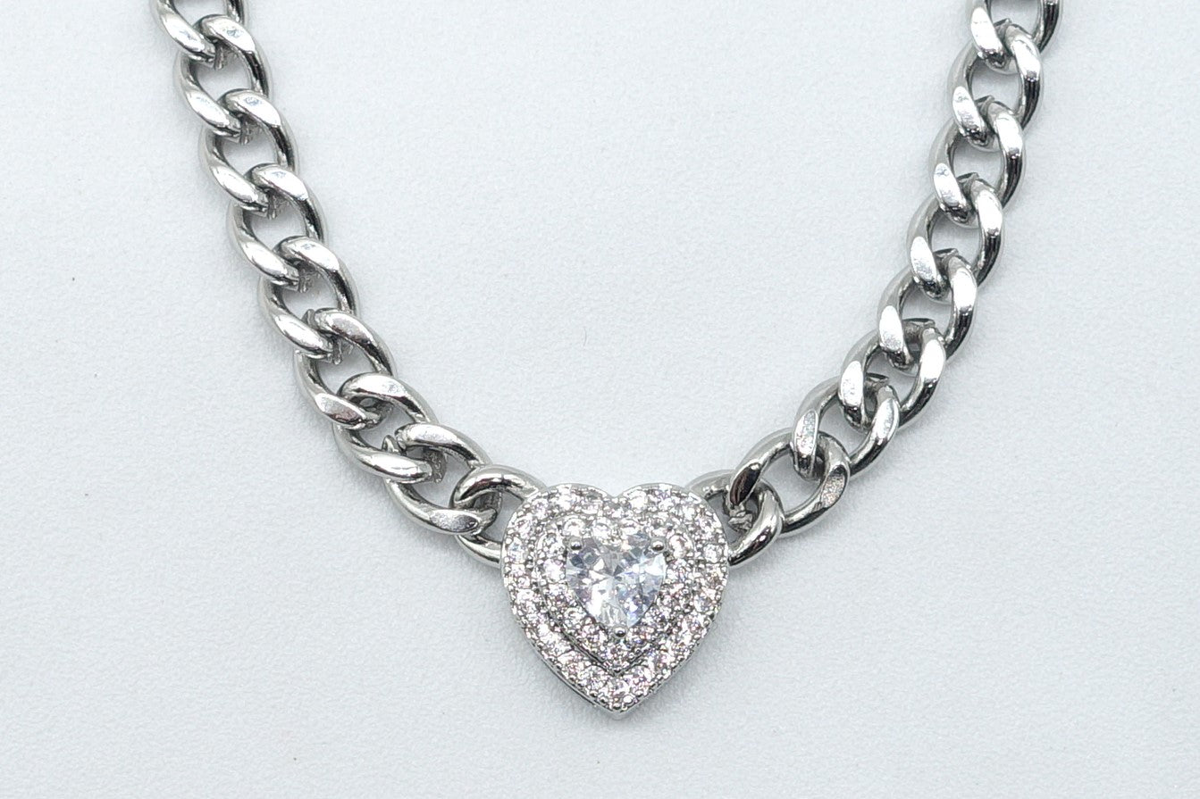 JASMINE ~ ACCIAIO INOSSIDABILE - collana choker in catena con Cubic zirconia a forma di cuore