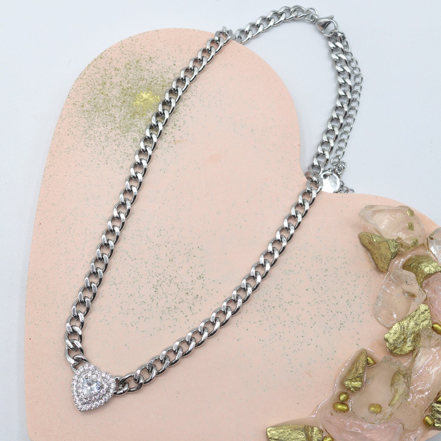 JASMINE ~ ACCIAIO INOSSIDABILE - collana choker in catena con Cubic zirconia a forma di cuore