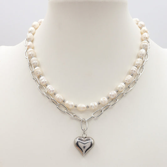 JUNO - Collana DOPPIA perle e catena ACCIAIO inossidabile con cuore bombè