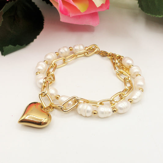 JUNO - Bracciale DOPPIO perle e catena ACCIAIO inossidabile con cuore bombè