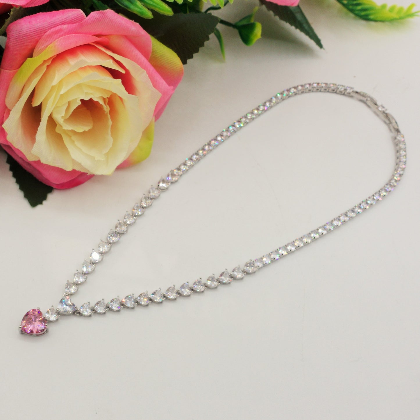 CHANTELLE HEART - col. Rosa - Collier Tennis - Collana con Cubic Zirconia a forma di cuore e pendente