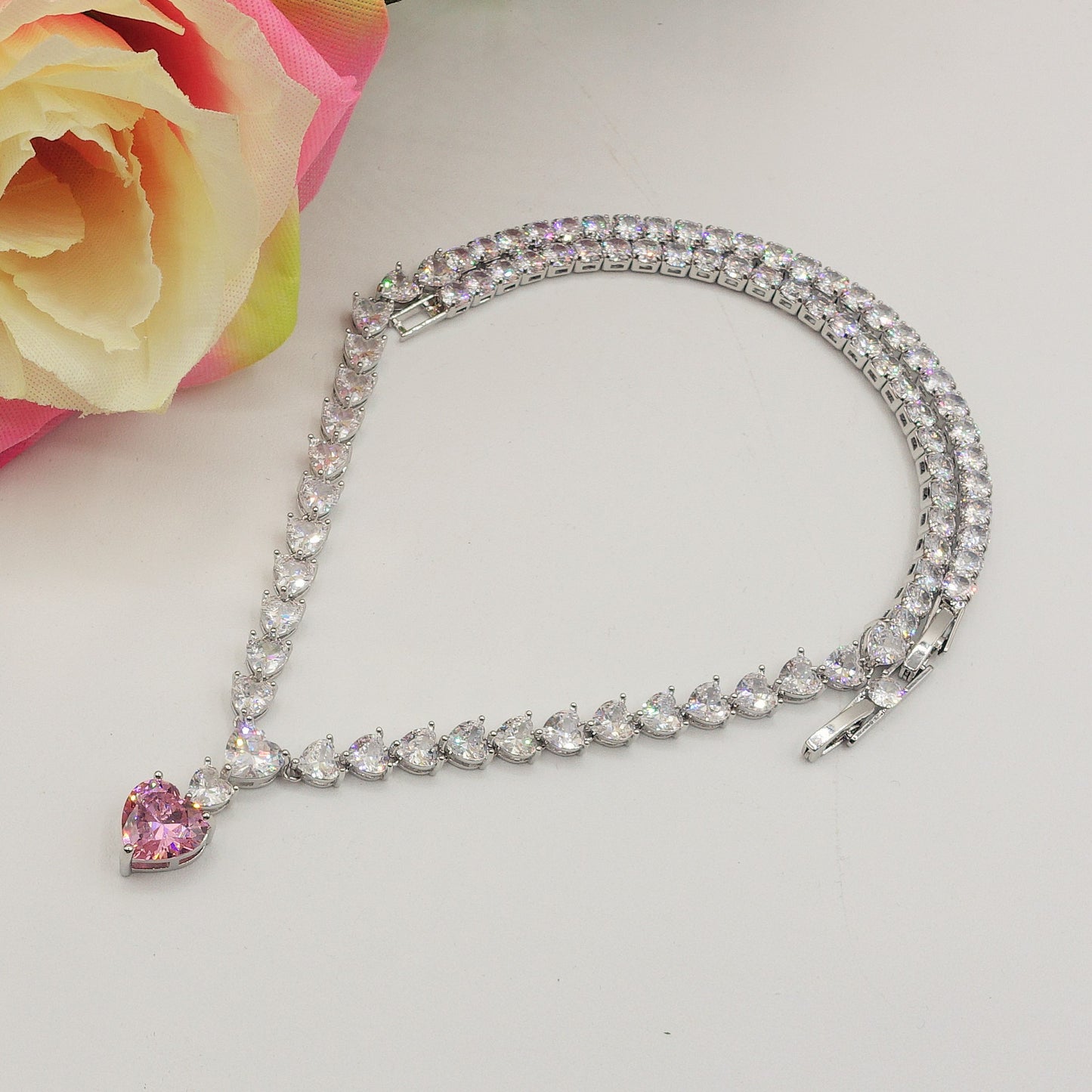 CHANTELLE HEART - col. Rosa - Collier Tennis - Collana con Cubic Zirconia a forma di cuore e pendente