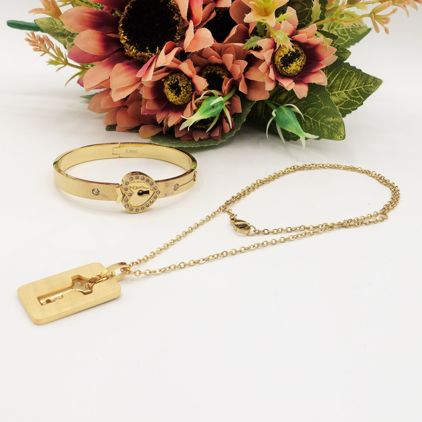 LOCKED LOVE ~ Acciaio Inossidabile - SET Bracciale lucchetto e collana
