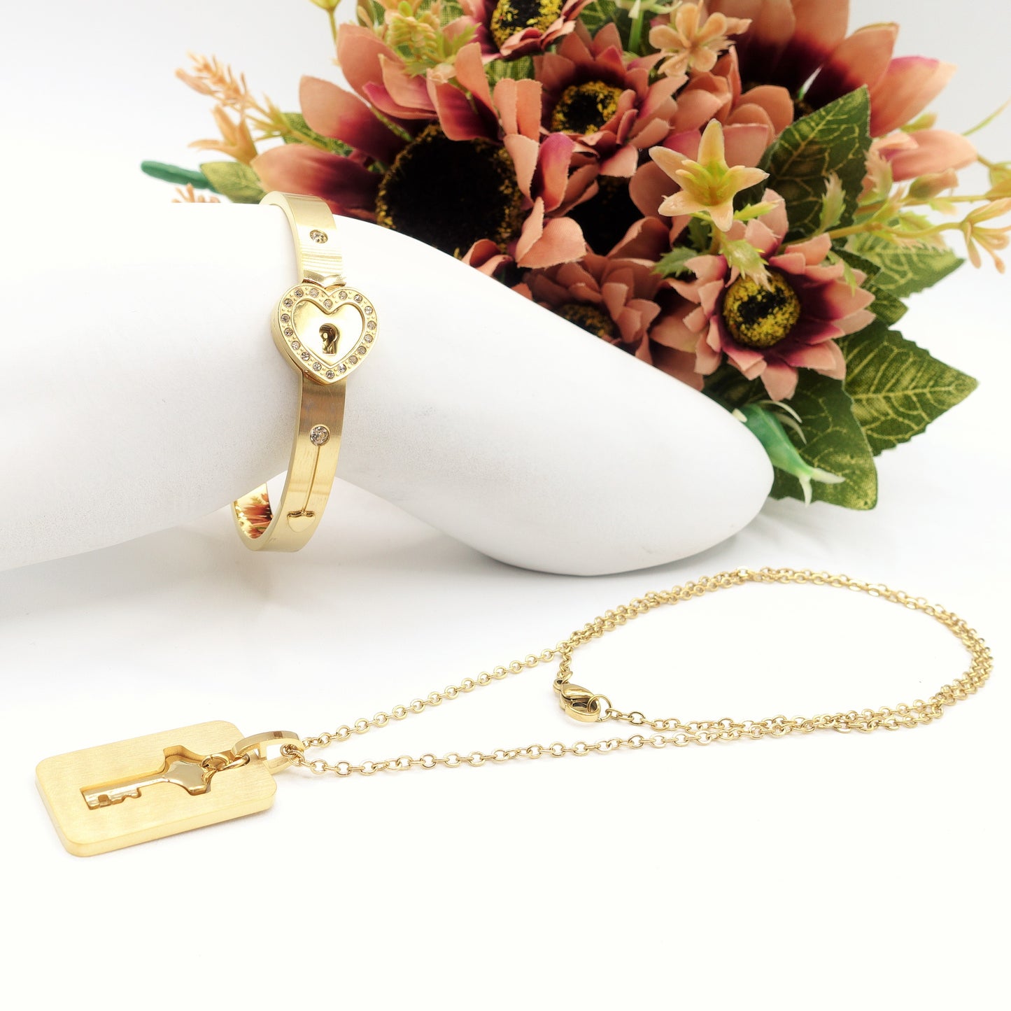 LOCKED LOVE ~ Acciaio Inossidabile - SET Bracciale lucchetto e collana