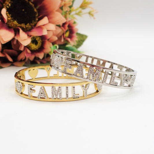 FAMILY BRACCIALE A MANETTA~ ACCIAIO INOSSIDABILE - CON SCRITTA FAMILY E ZIRCONI