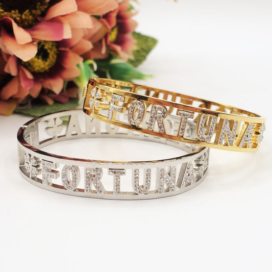 FORTUNA BRACCIALE A MANETTA~ ACCIAIO INOSSIDABILE - CON SCRITTA FORTUNA E ZIRCONI