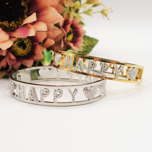 HAPPY BRACCIALE a MANETTA~ acciaio inossidabile - con scritta happy e zirconi