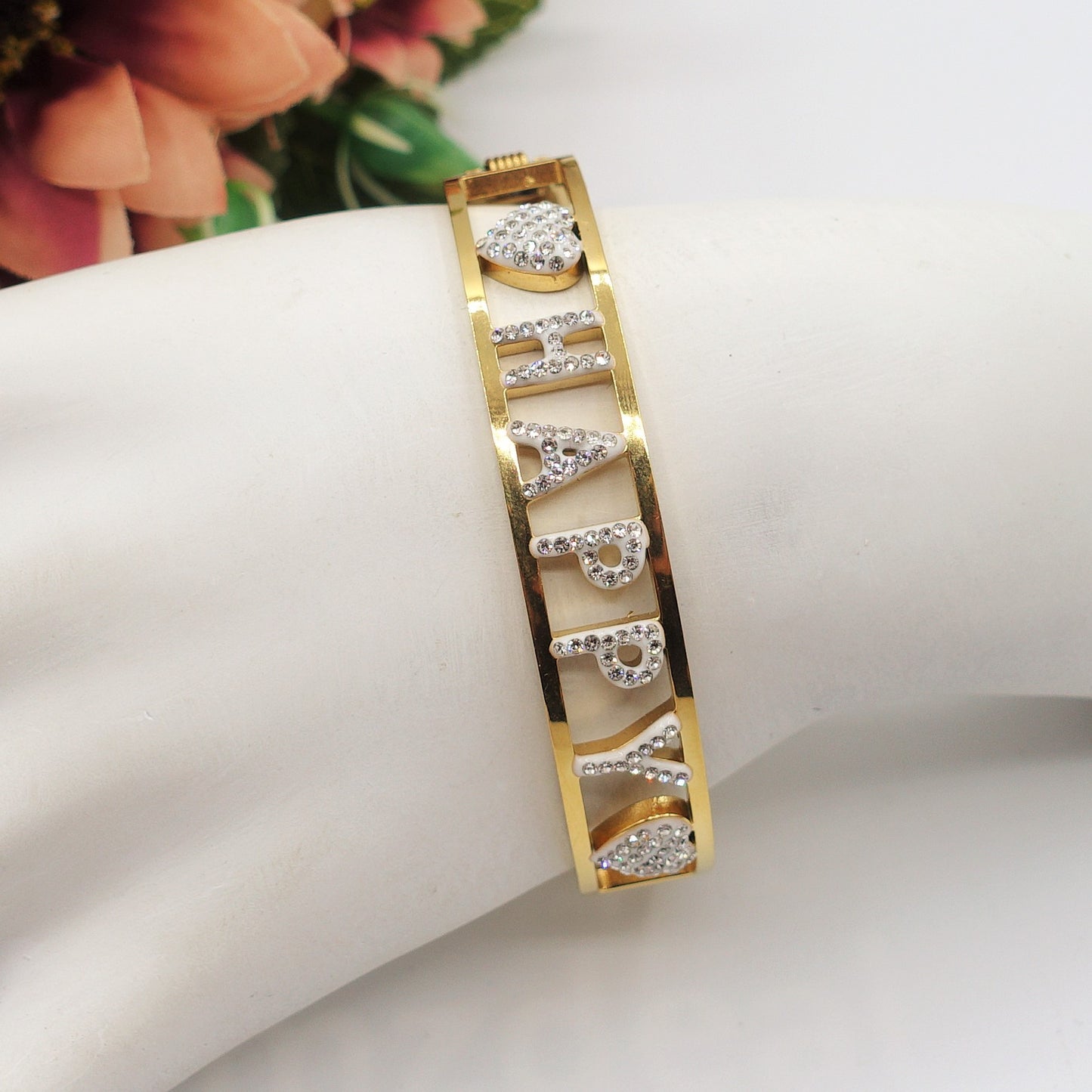 HAPPY BRACCIALE a MANETTA~ acciaio inossidabile - con scritta happy e zirconi