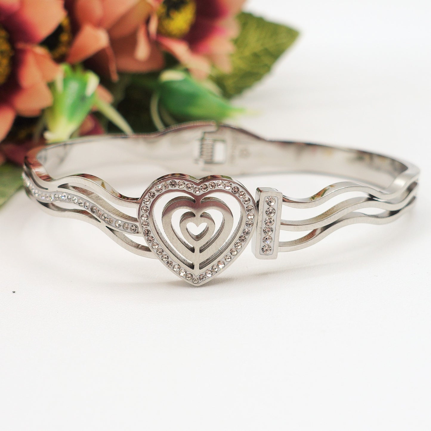 DORIS BRACCIALE a MANETTA ~ acciaio inossidabile - con cuore e zirconi
