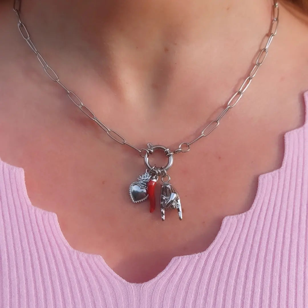 MEGA LUCKY ~ ACCIAIO INOSSIDABILE - Collana catena paperclip con ciondoli scaramantici