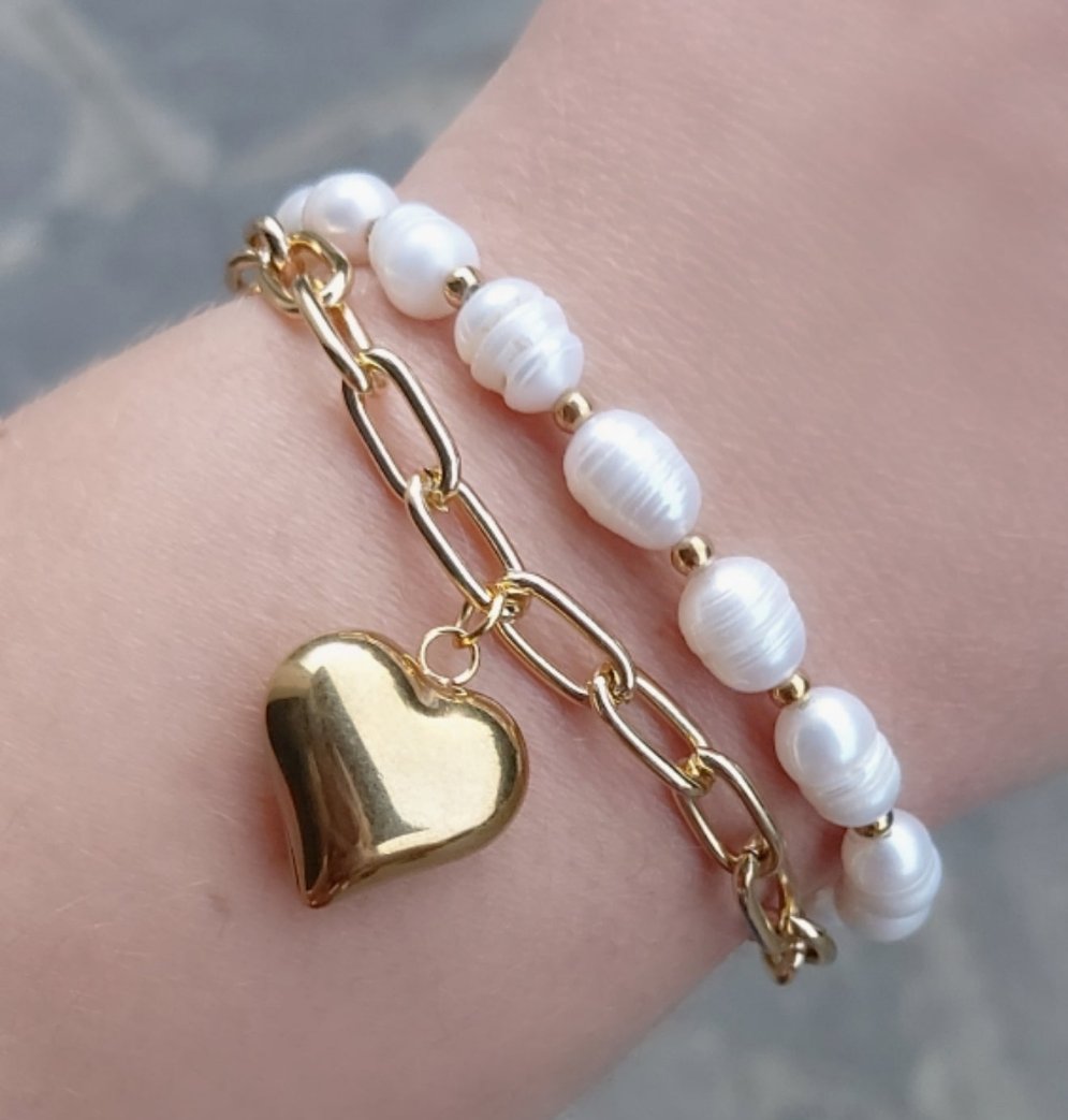 JUNO - Bracciale DOPPIO perle e catena ACCIAIO inossidabile con cuore bombè