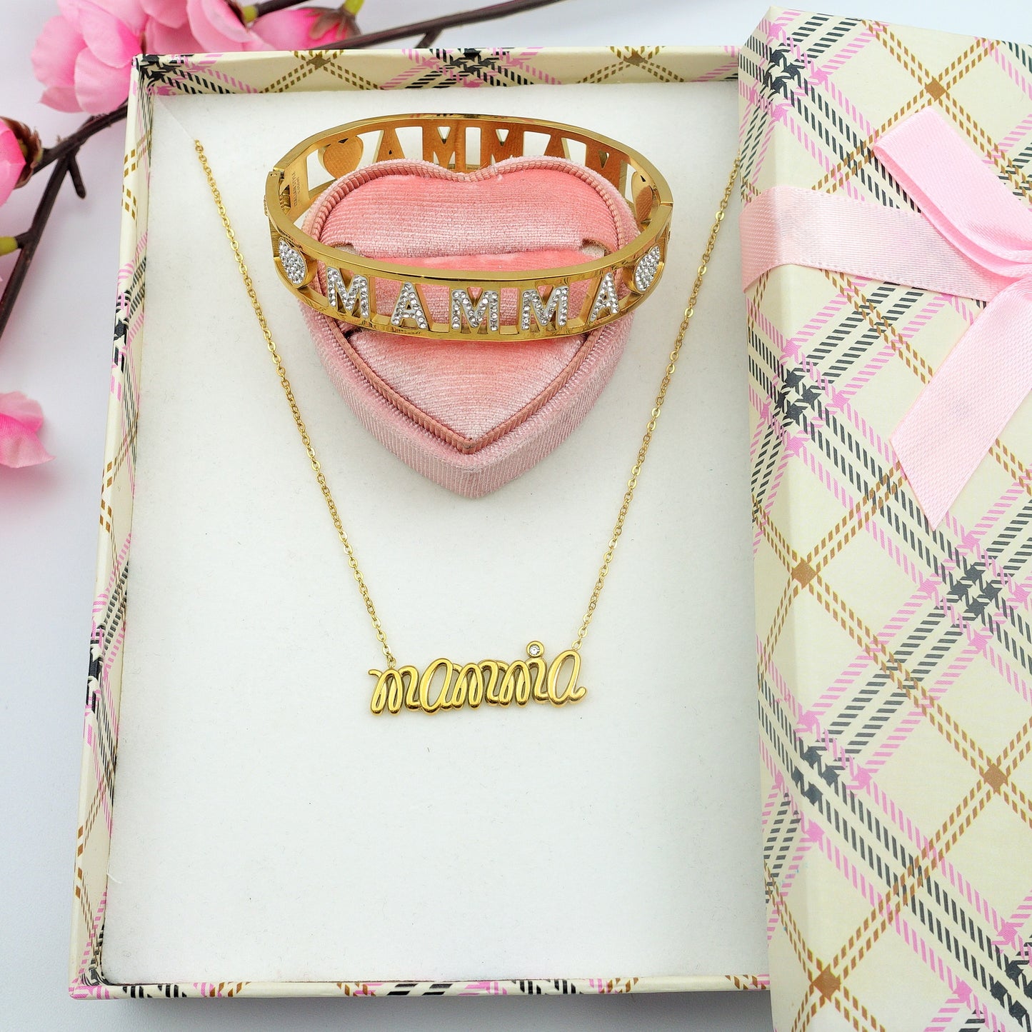 SET COLLANA E BRACCIALE Con scritta MAMMA in Acciaio Inossidabile con scatola