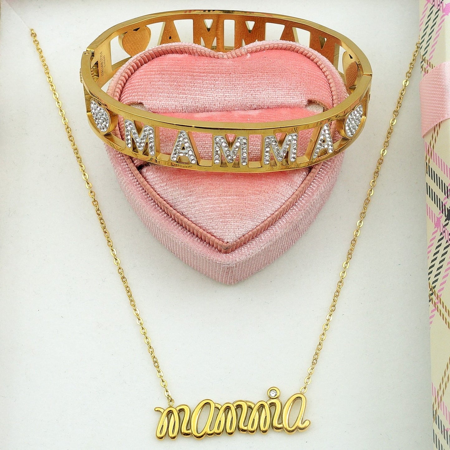 SET COLLANA E BRACCIALE Con scritta MAMMA in Acciaio Inossidabile con scatola