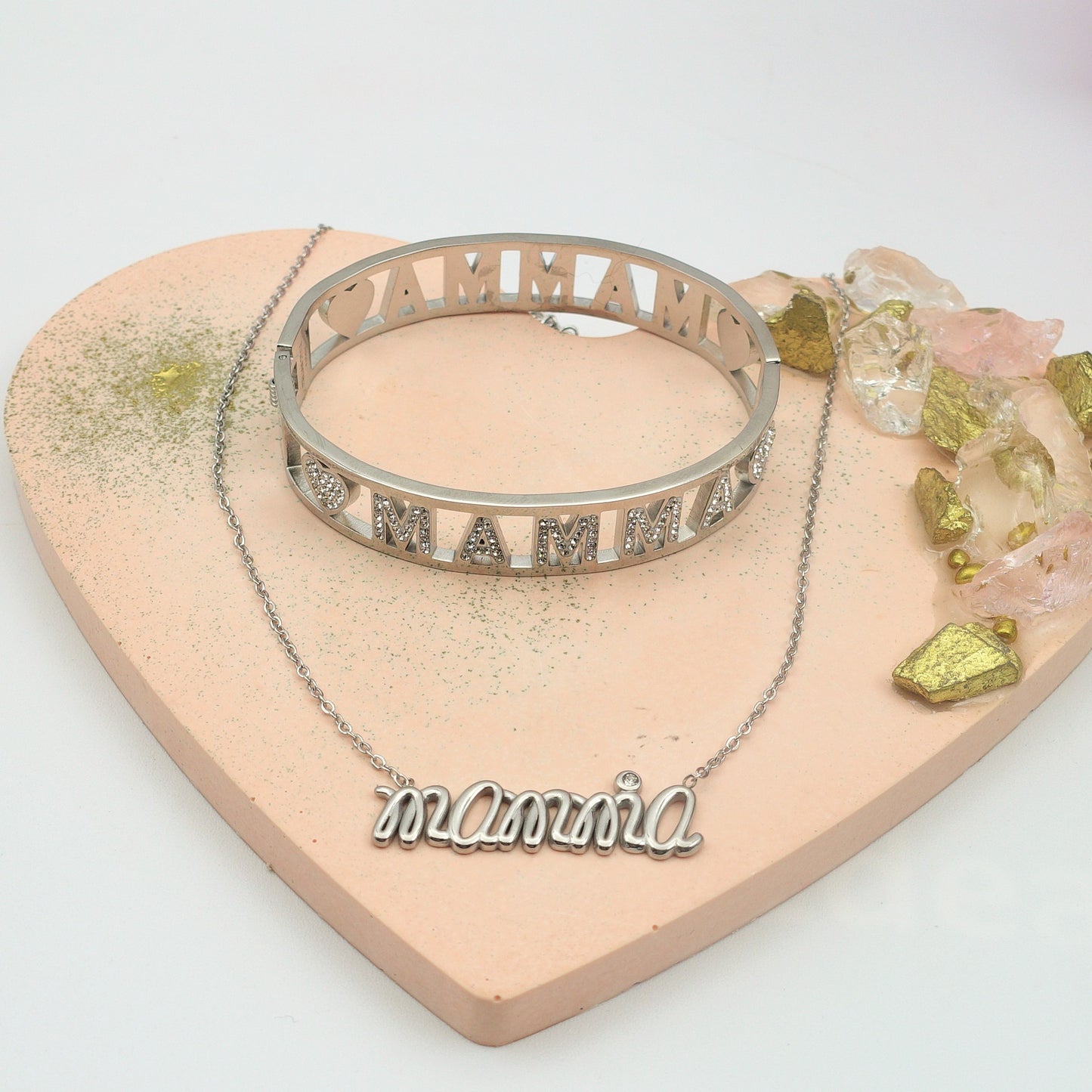 SET COLLANA E BRACCIALE Con scritta MAMMA in Acciaio Inossidabile con scatola