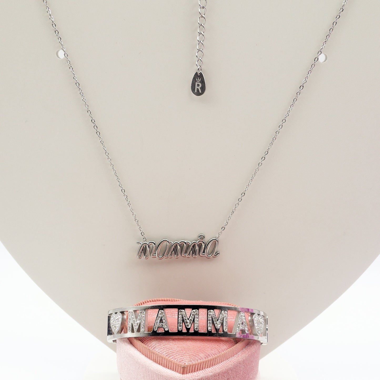 SET COLLANA E BRACCIALE Con scritta MAMMA in Acciaio Inossidabile con scatola