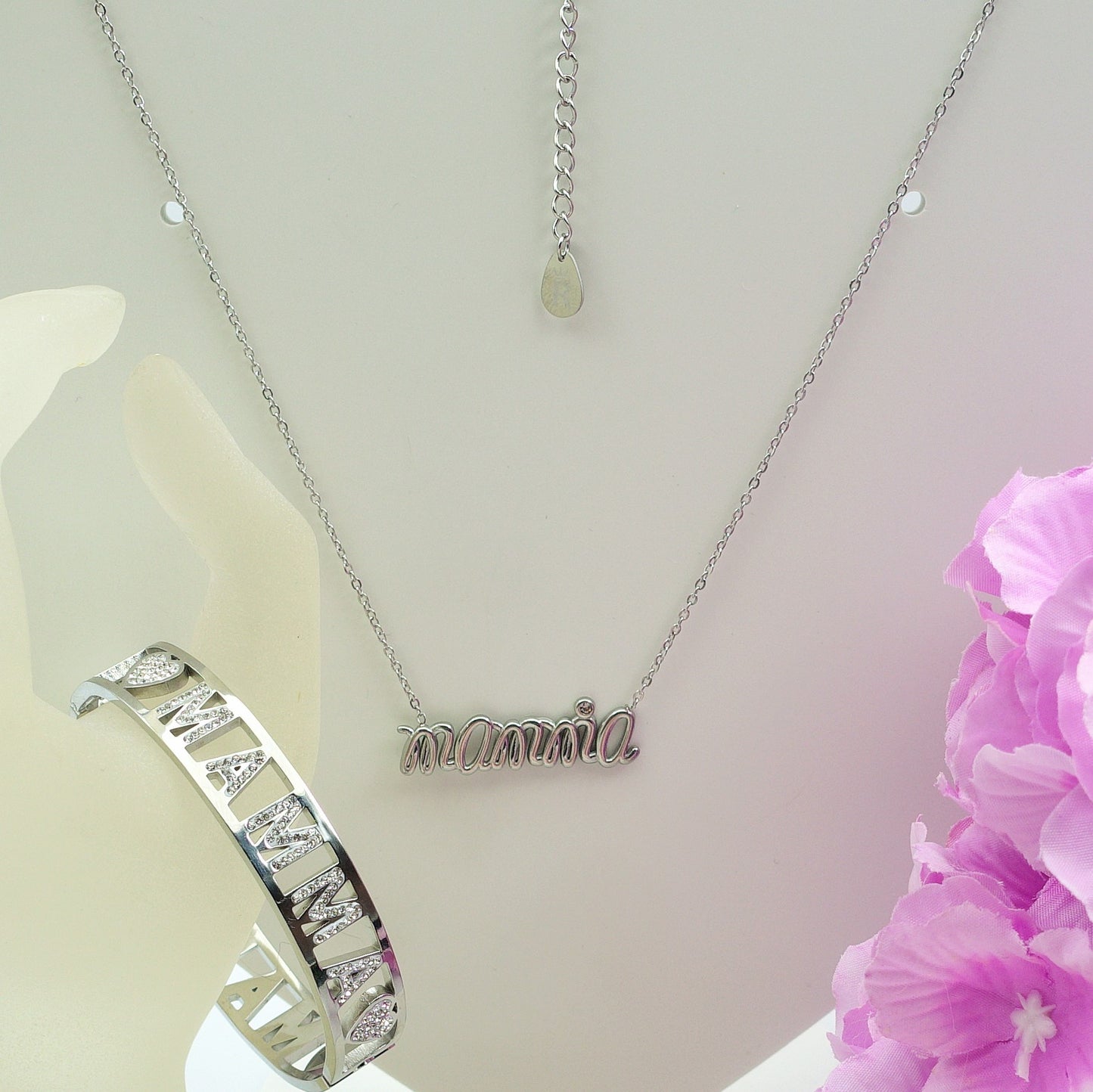 SET COLLANA E BRACCIALE Con scritta MAMMA in Acciaio Inossidabile con scatola