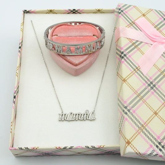 SET COLLANA E BRACCIALE Con scritta MAMMA in Acciaio Inossidabile con scatola