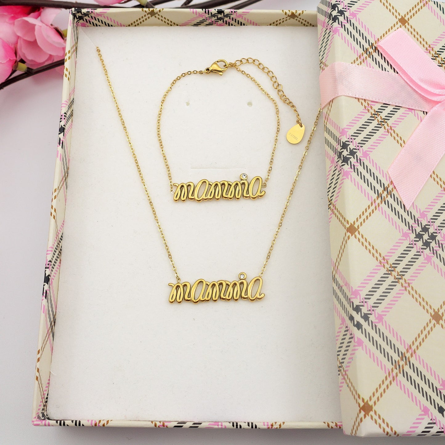 SET COLLANA E BRACCIALE in catena Con scritta MAMMA Acciaio Inossidabile con scatola