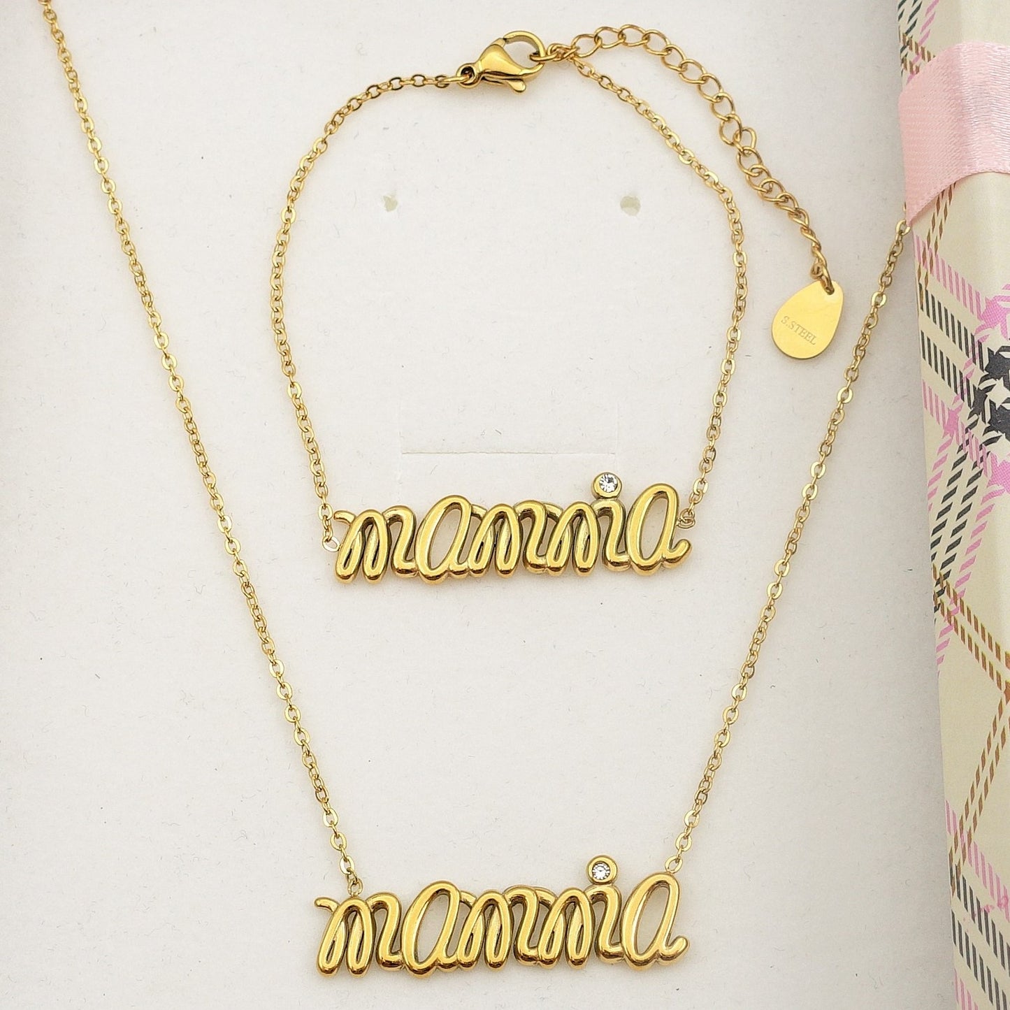 SET COLLANA E BRACCIALE in catena Con scritta MAMMA Acciaio Inossidabile con scatola