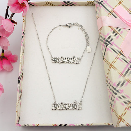 SET COLLANA E BRACCIALE in catena Con scritta MAMMA Acciaio Inossidabile con scatola