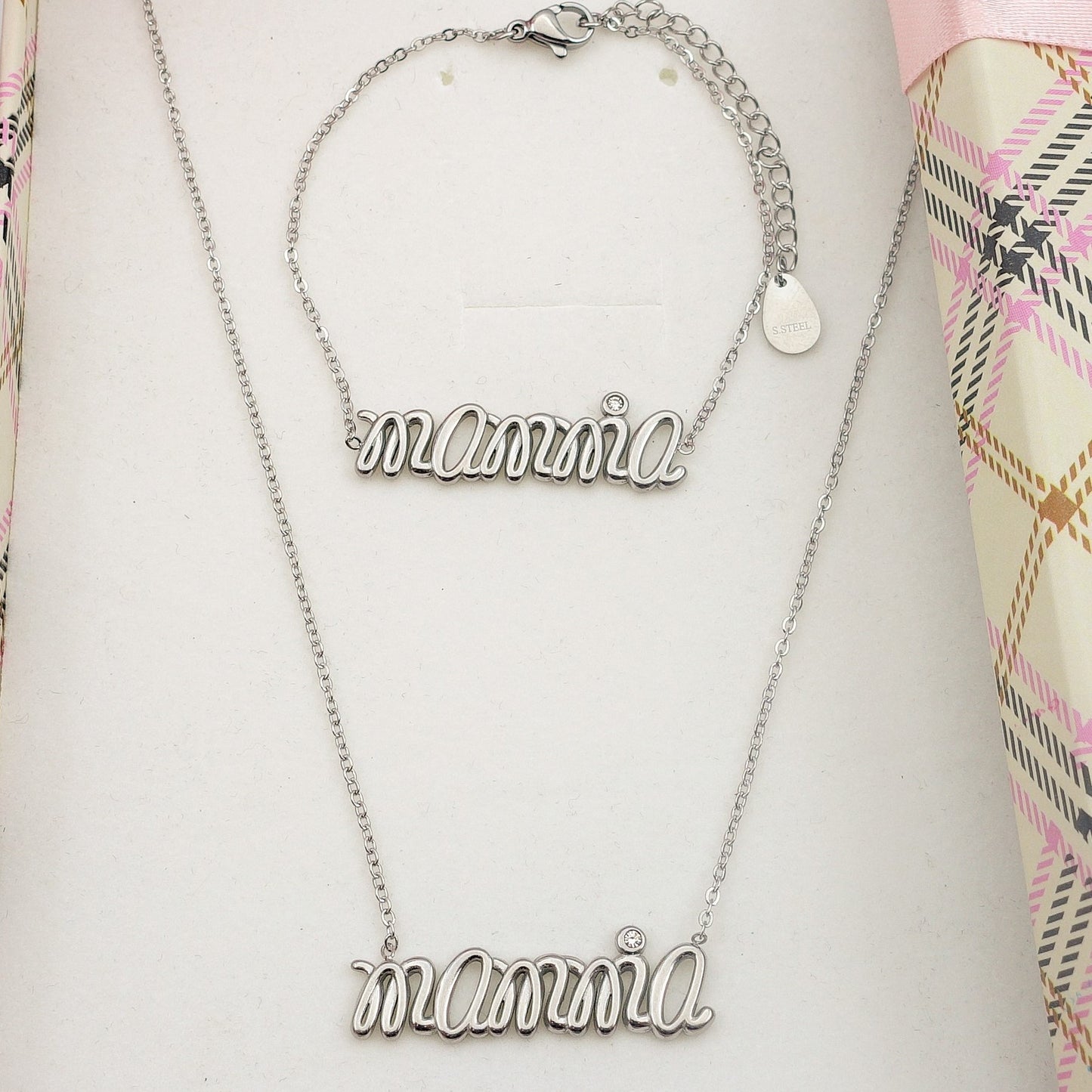 SET COLLANA E BRACCIALE in catena Con scritta MAMMA Acciaio Inossidabile con scatola