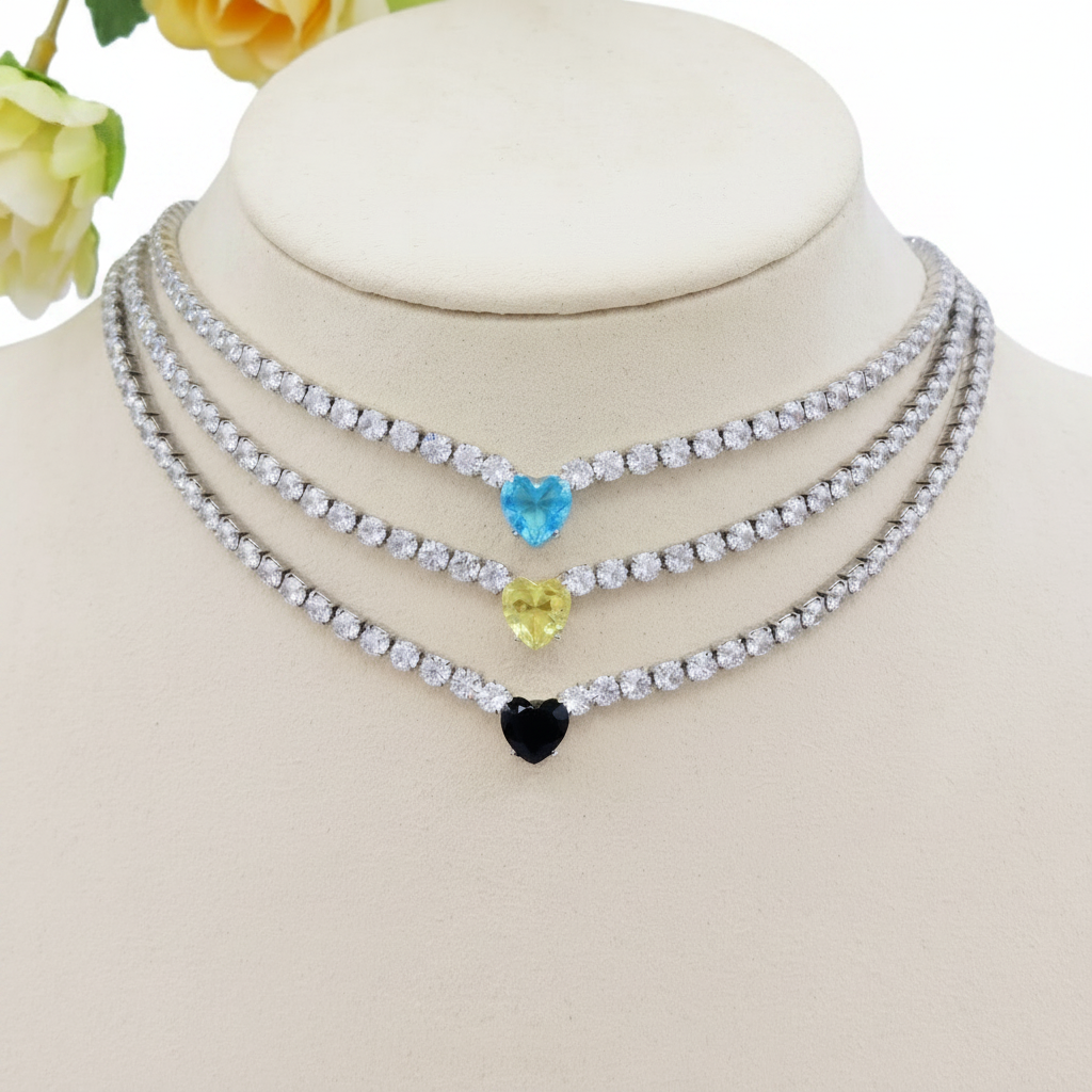 AURORA ~ ACCIAIO INOSSIDABILE - Choker tennis in cubic zirconia con cuore centrale