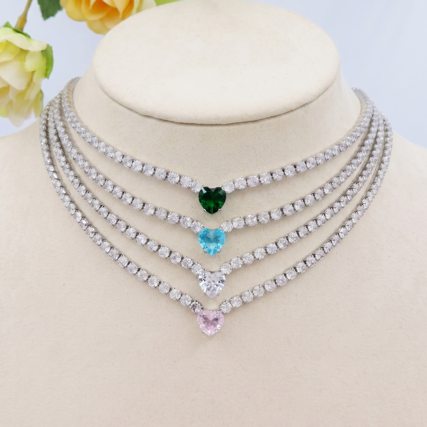 AURORA ~ ACCIAIO INOSSIDABILE - Choker tennis in cubic zirconia con cuore centrale