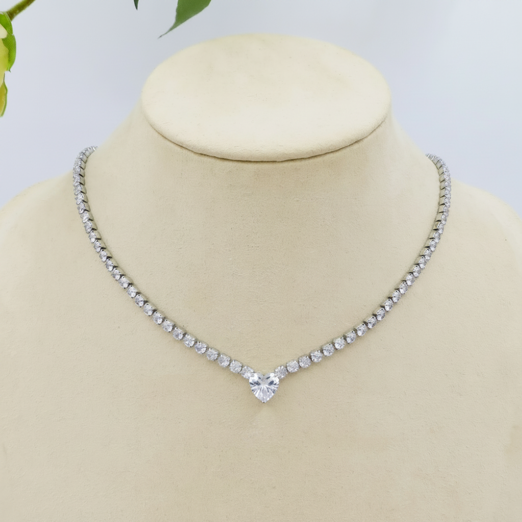 AURORA ~ ACCIAIO INOSSIDABILE - Choker tennis in cubic zirconia con cuore centrale