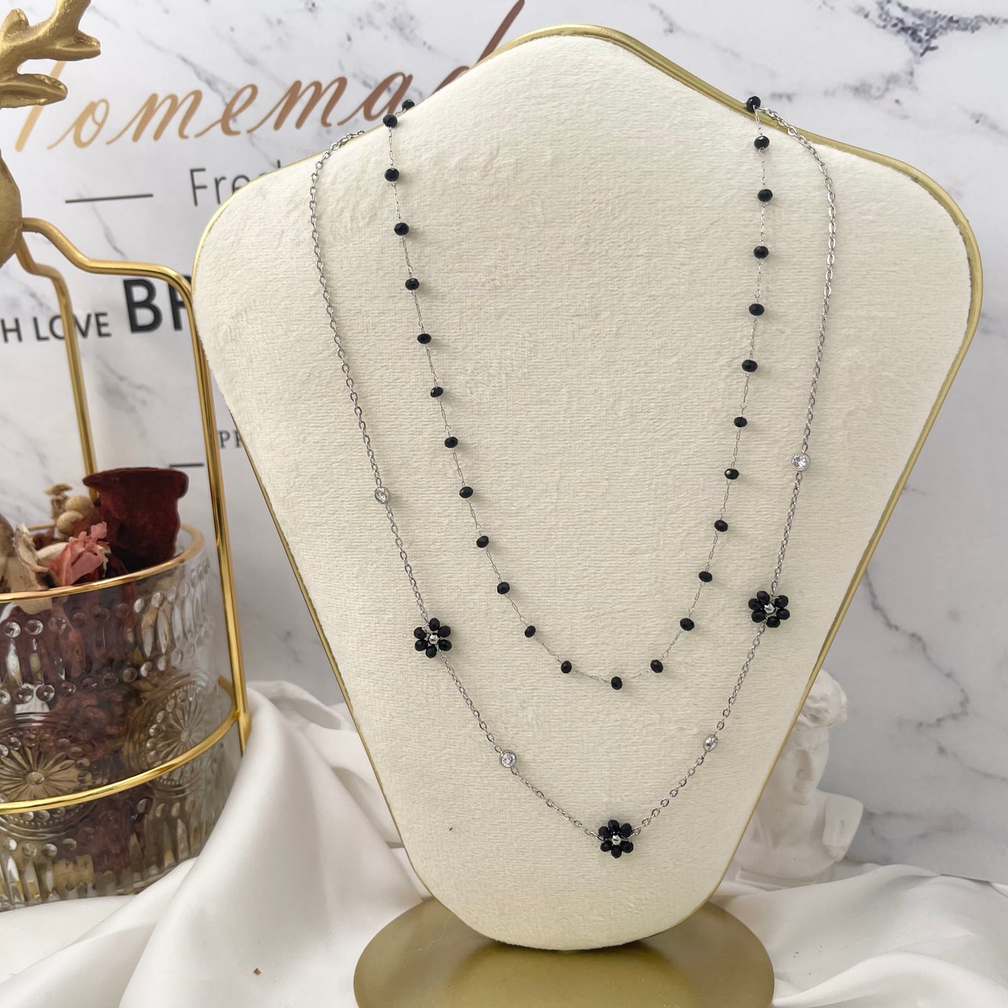 DAISY  double ~ ACCIAIO INOSSIDABILE ~ Collana doppia 2 in 1 con fiori e cristalli