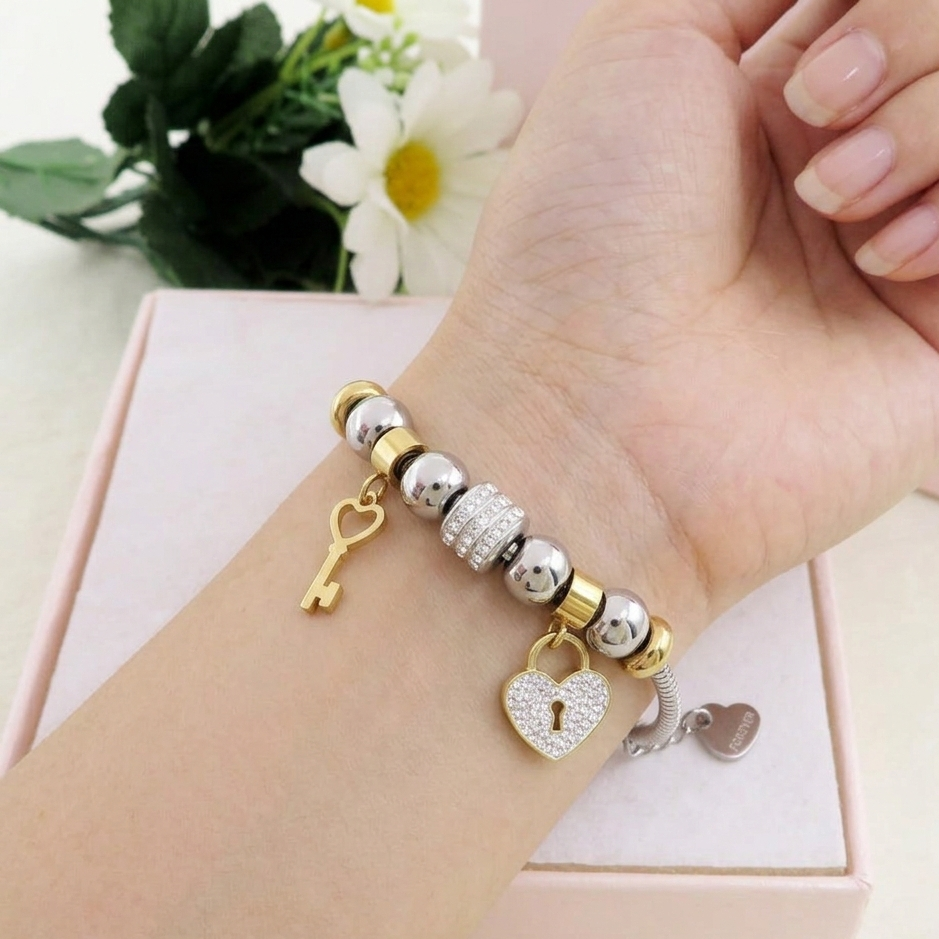 FOREVER LOVE ~ ACCIAIO INOSSIDABILE - bracciale con cuore lucchetto charms in Cubic Zirconia