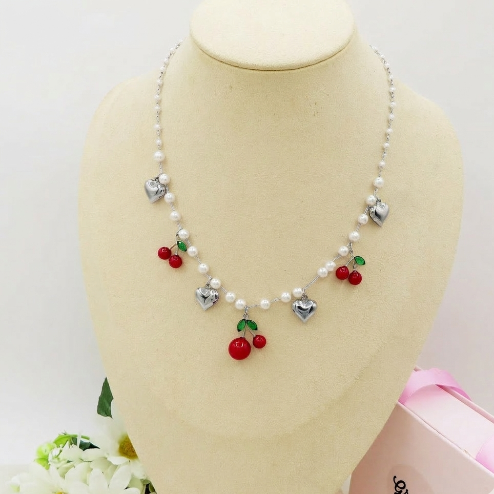 CHERRY PEARLS COLLANA - ACCIAIO inossidabile - Collana catena charms frutta CILIEGIE